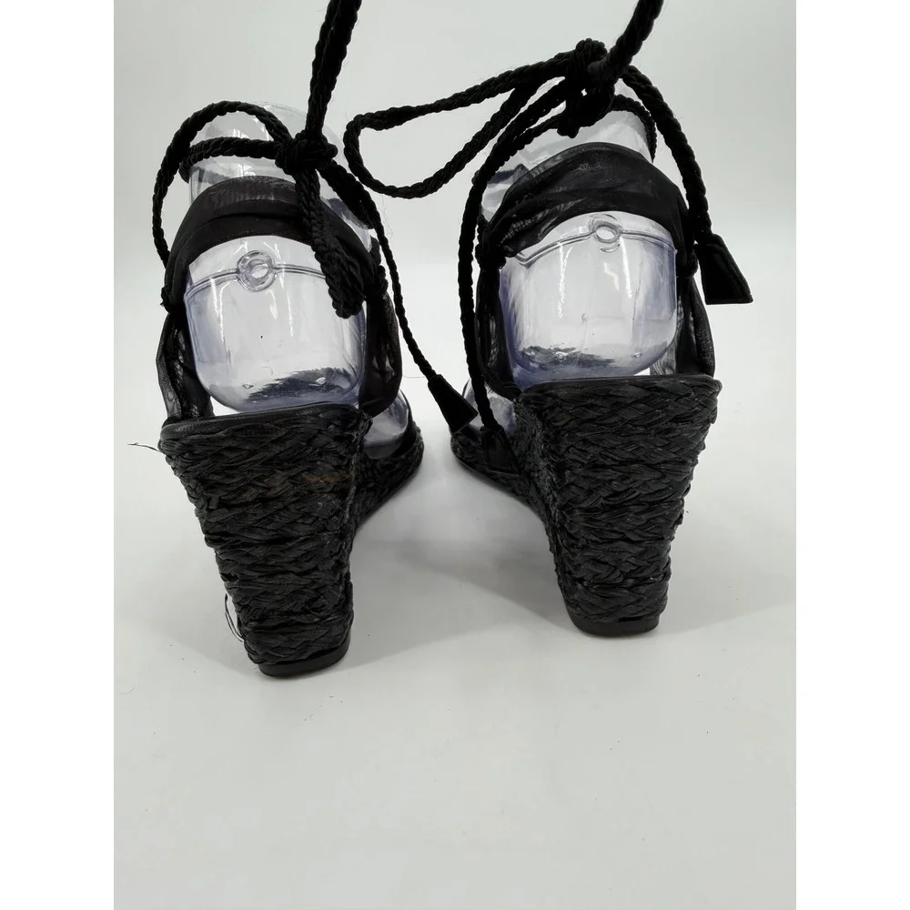 Stuart Weitzman Black Espadrille Wedge Sandals Pleated Ankle Tie Square Toe 5.5B
